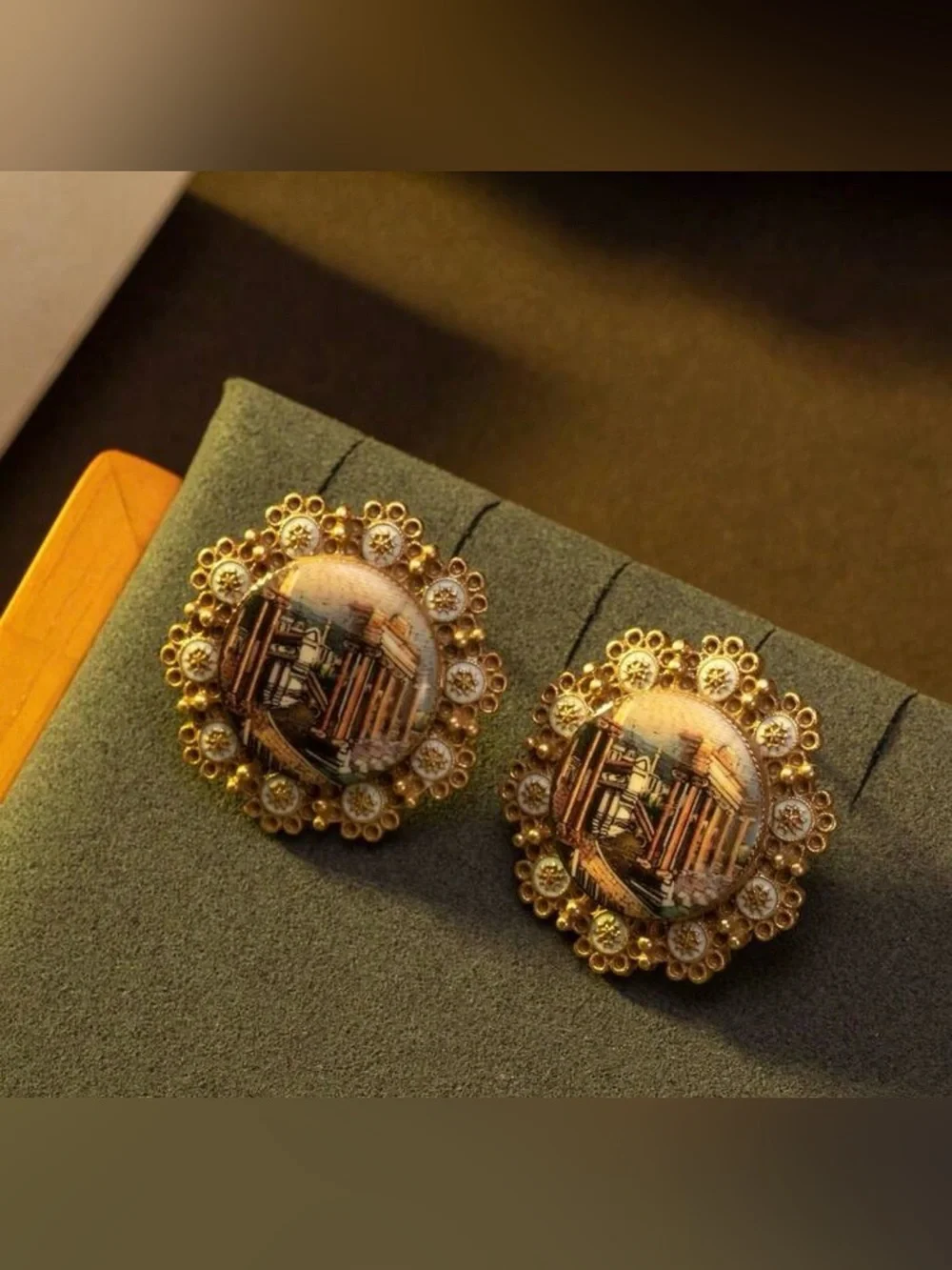 Vintage Gold Scenic Porcelain Floral Frame Stud Earrings